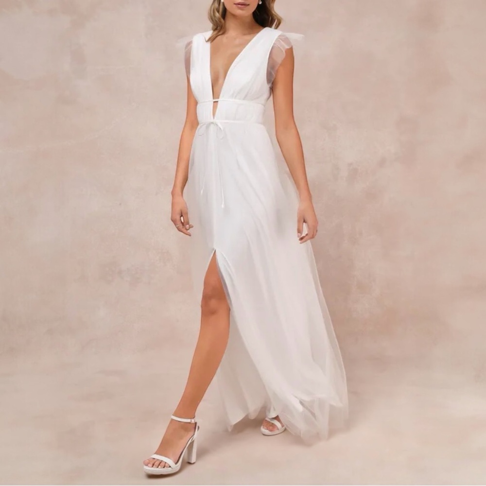 Lulu's White Plunge V-Neck Maxi Dress with Sheer Cap Sleeves - Picture 2 of 3